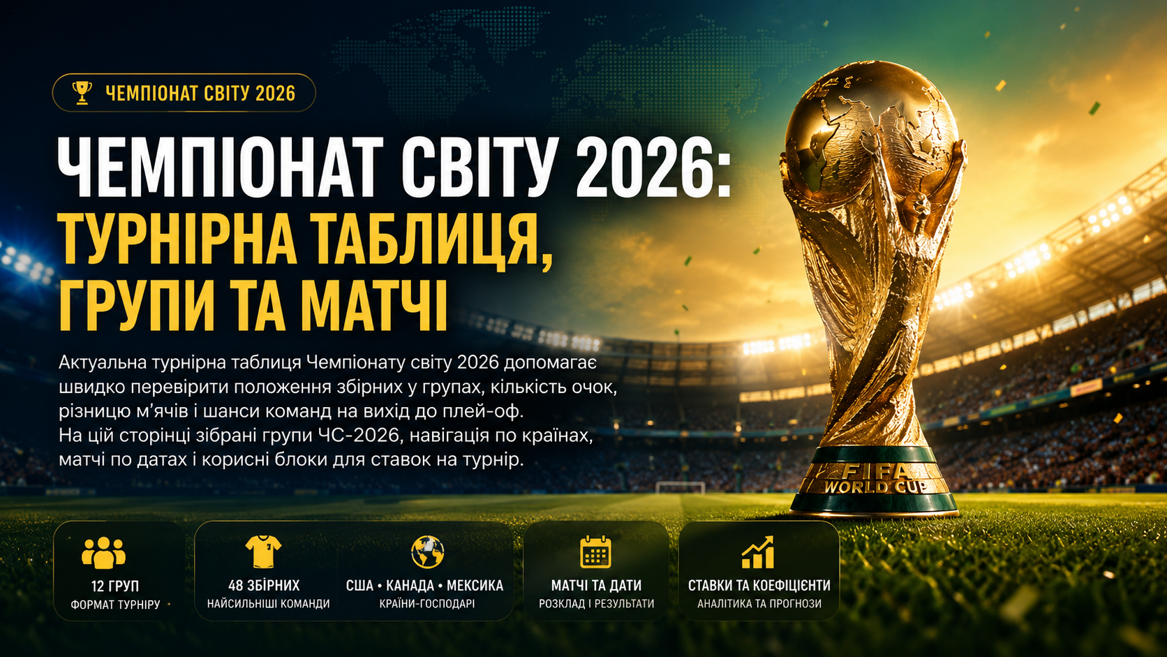 Чемпіонат світу 2026: турнірна таблиця, групи та матчі
